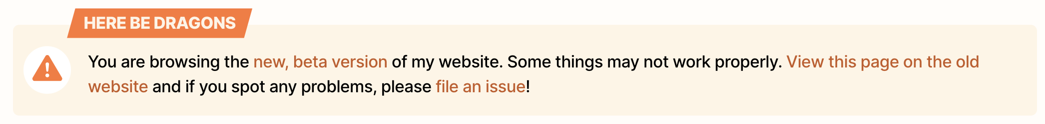 Notice from top of page saying "You are browsing the new, beta version of my website. Some things may not work properly. View this page on the old website and if you spot any problems, please file an issue!" with links throughout